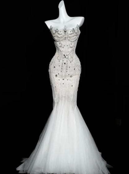 Charming Mermaid Strapless Rhinestone White Tulle Long Prom Dress SH3244