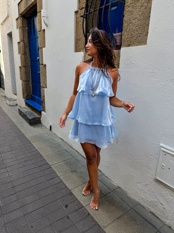 Cute A Line Halter Tiered Blue Satin Short Open Back Homecoming Dress Outfits SH2123