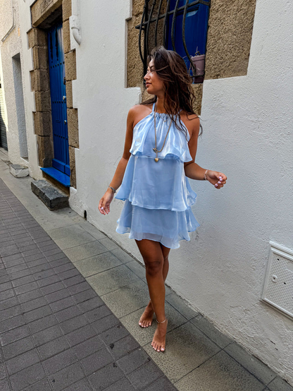 Cute A Line Halter Tiered Blue Satin Short Open Back Homecoming Dress Outfits SH2123