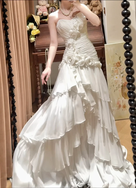 White A Line Sweetheart Neck Floral Pleated Chiffon Prom Dresses 18th Birthday Dresses SH4640