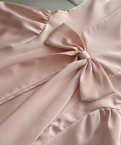 Cute A Line Straps Bow Light Pink Satin Short Homecoming Dress Cocktail Dress SH3052