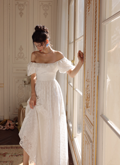 Princess A Line Puff White Lace Prom Dress Party Dress SH4171