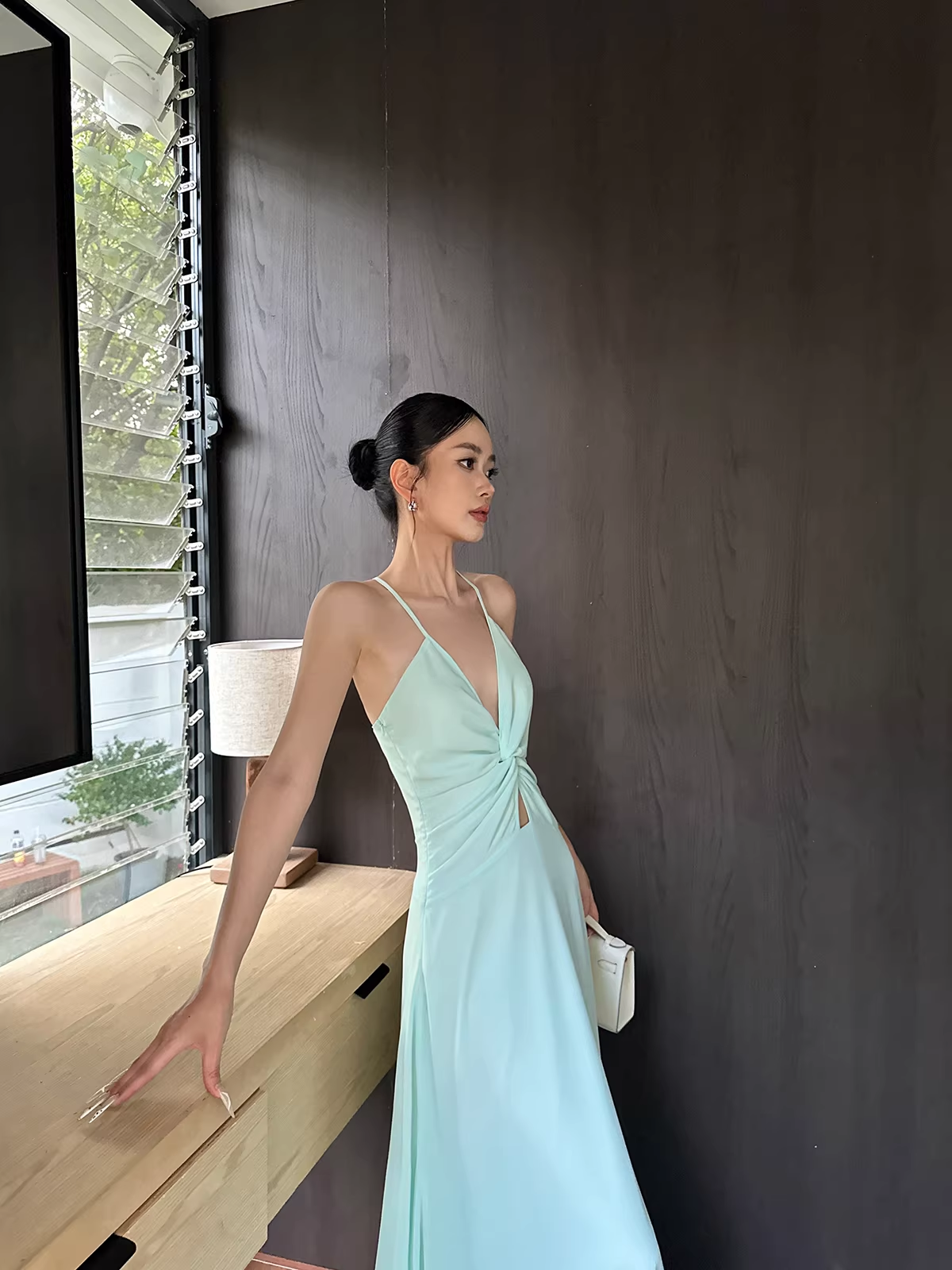 Simple Spaghetti Straps V Neck Green Chiffon A Line Long Party Dress Evening Dress D2090