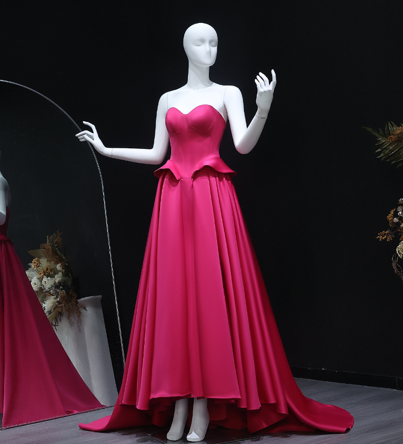 Hot Pink A Line Sweetheart Neck Satin Long Sweep Prom Dress Evening Dress SH2371