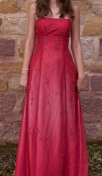 Pretty Spaghetti Straps Hot Pink Tulle Satin Beaded A Line Long Party Dress Formal Evening Gown D853