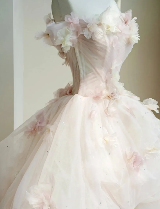 Floral A Line Off the Shoulder Pink Tulle Party Dress Evening Dress SH3374