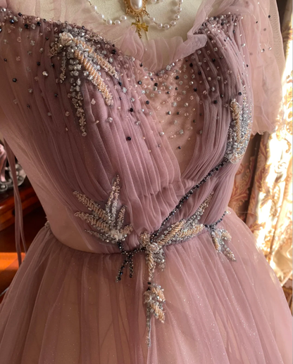 Sweet Tulle Sequin Beaded Ball Gown Pink Long Evening Dress Birthday Party Dress D1773