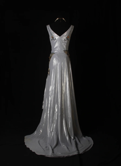 Elegant V Neck Silver Satin Lace Pleated Beaded Evening Dress Long Mermaid Prom Dress D2266