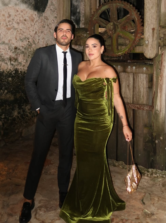 Elegant Mermaid Off the Shoulder Green Velvet Long Prom Dress Evening Dress SH2023