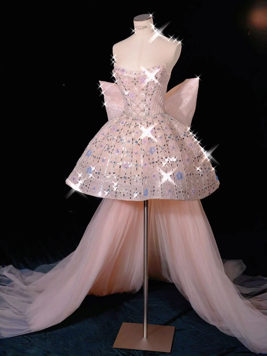 Glitter Strapless Tulle Beaded Mini Birthday Dress Pink Homecoming Dress With Bow S257