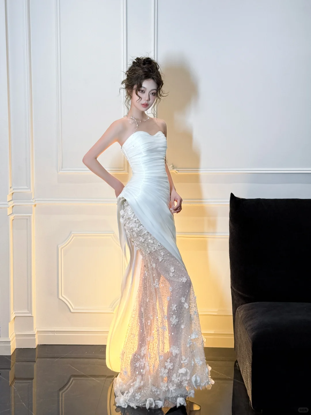White Mermaid Strapless Floral Pleated Satin Tulle Long Prom Dress Party Dress SH4687