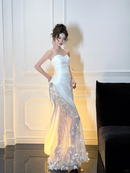 White Mermaid Strapless Floral Pleated Satin Tulle Long Prom Dress Party Dress SH4687