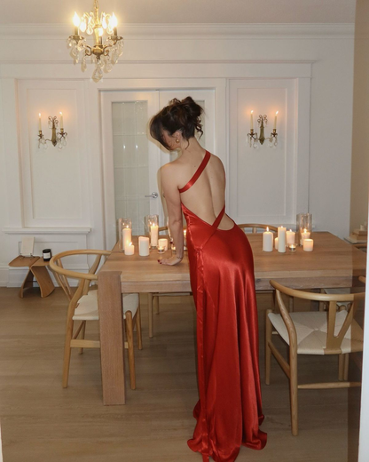 Simple Red One Shoulder Satin Backless Long Party Dress Formal Evening Gown D806