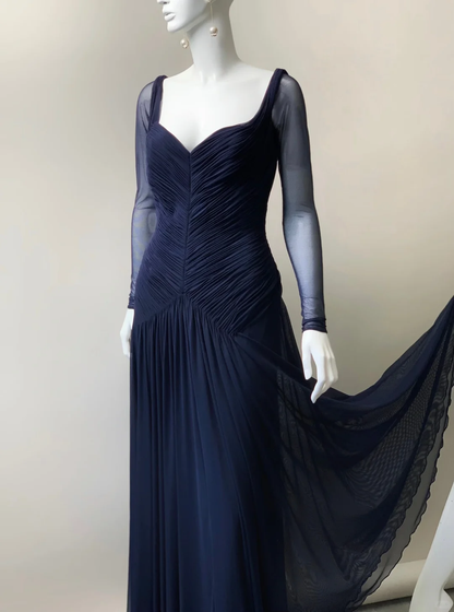 Navy Blue A Line Long Sleeve Tulle Prom Dress Evening Dress SH5131