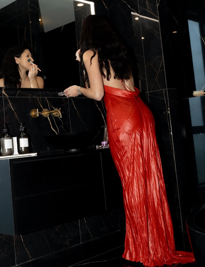 Sexy Sheath Halter Red Satin Long Open Back Prom Dress Evening Dress SH2330