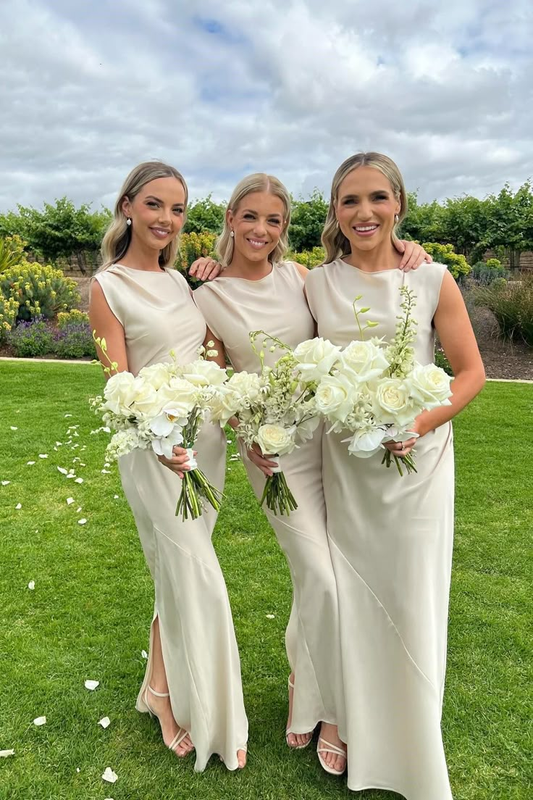 Elegant Sleeveless Ivory Satin Long Wedding Guest Dress Formal Bridesmaid Dress D1113