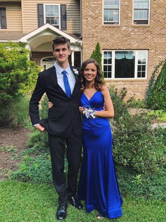 Spaghetti Straps V Neck Satin Blue Long Mermaid Prom Dress Evening Dress SH1071