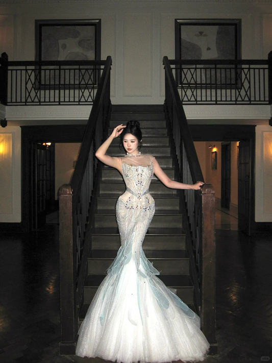 Exquisite Mermaid Round Neck Beaded Sequin Tulle Long Sweep Party Dress Evening Dress SH3407