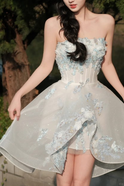 Classy Strapless White Organza Appliques A Line 18th Birthday Outfits Formal Graduation Homecoming Dress D152