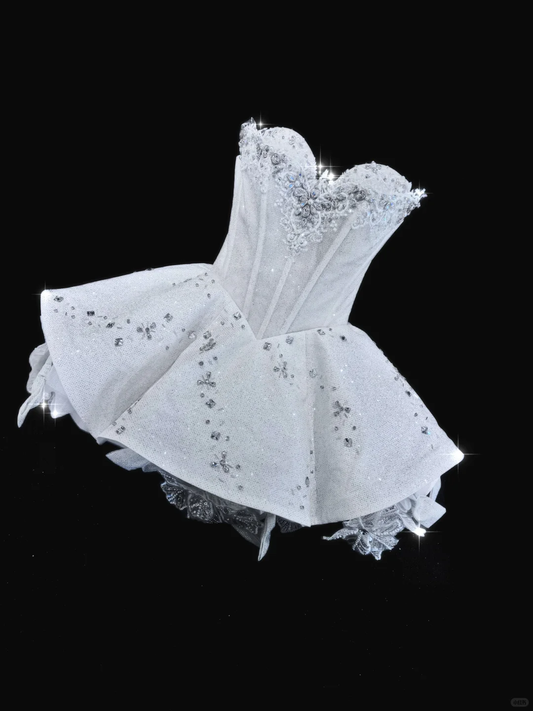 Shiny A Line Sweetheart Neck Beaded White Sequin Bow Short Homecoming Dresses Birthday Dresses SH5044