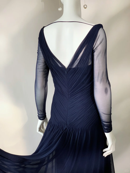 Navy Blue A Line Long Sleeve Tulle Prom Dress Evening Dress SH5131