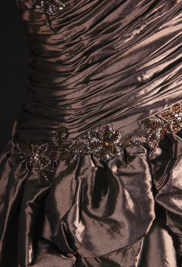 Retro Spaghetti Straps Brown Satin Pleated Beaded Long Party Dress Birthday Dress D2226