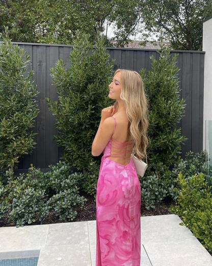 Spaghetti Straps Floral Pink Long Prom Dress Sexy Backless Party Dress SH1461