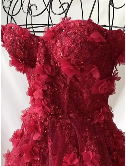 Retro Pink Off Shoulder Tulle Floral Party Dress Tulle Prom Dress Evening Dress SD1747