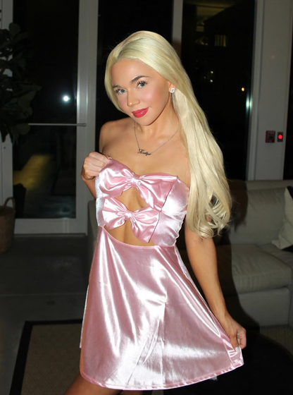 Cute Pink Bow A Line Strapless Satin Short Prom Dress Homecoming Dress SH4093