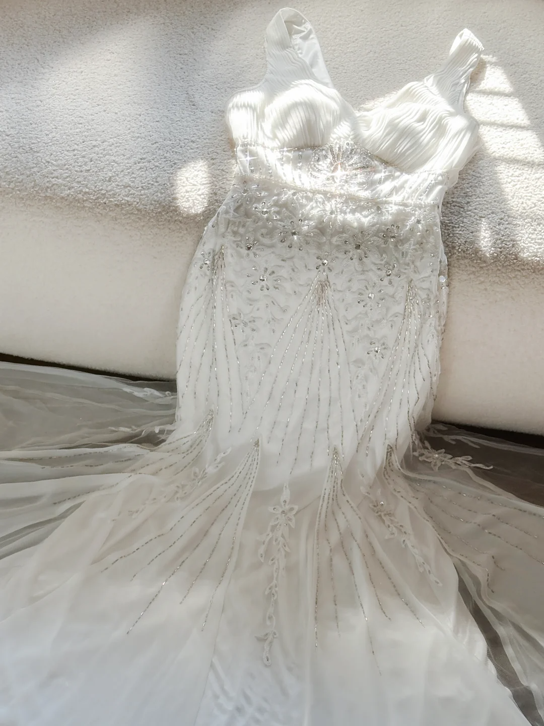 Gentle Mermaid V Neck Beaded Appliques White Chiffon Long Prom Dress Evening Dress SH2983