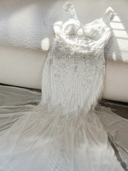 Gentle Mermaid V Neck Beaded Appliques White Chiffon Long Prom Dress Evening Dress SH2983