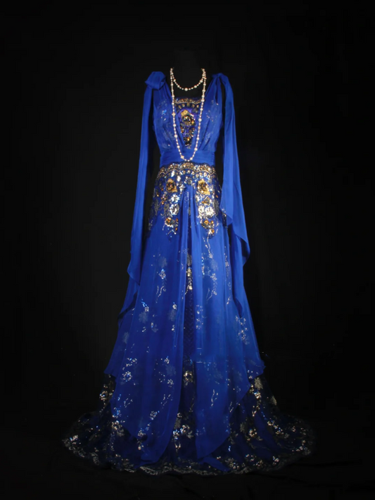Chic Royal Blue Chiffon Sequin Beaded Mermaid Long Party Dress Birthday Dress D2229