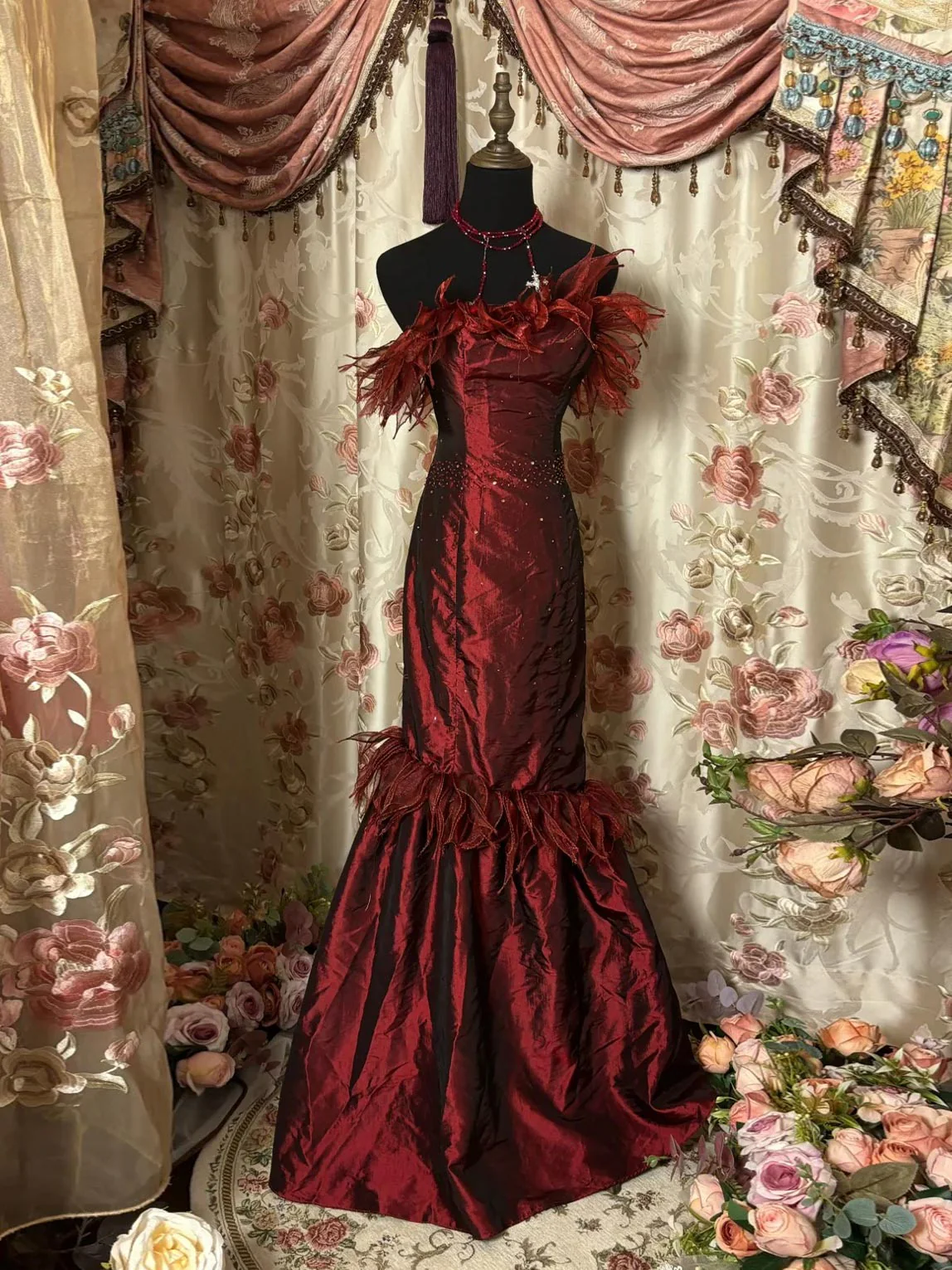 Unique Burgundy Strapless Sequin Satin Mermaid Long Wedding Guest Dress,Formal Birthdya Party Dress Prom Dress D2016