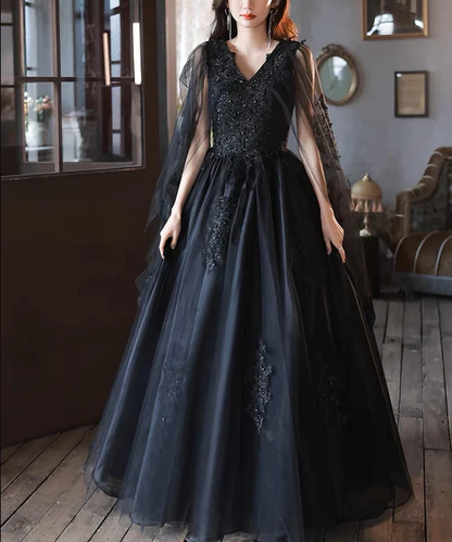 Black V neck Tulle Lace Long Prom Dresses, Elegant Formal Evening Dresses SH840