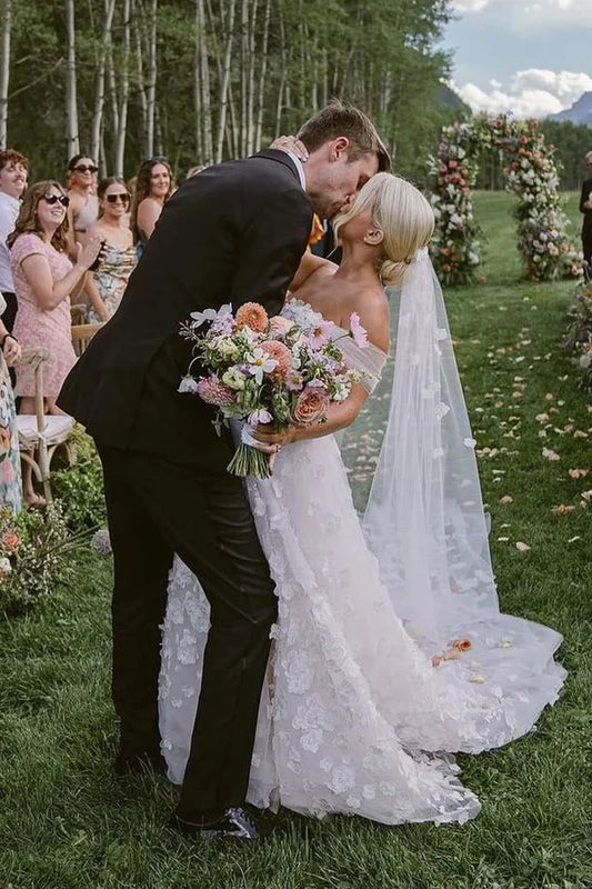 Off-Shoulder A-Line Lace Florals Wedding Dress With Train