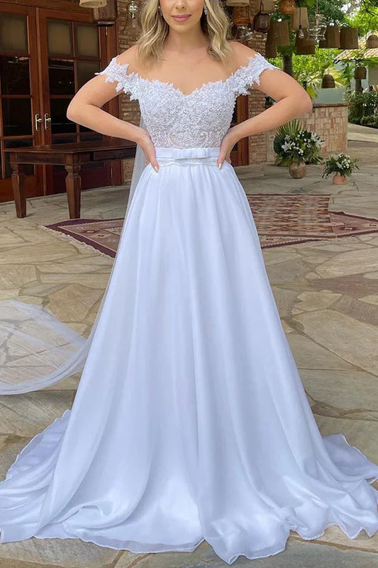 Off-Shoulder Backless A-Line Appliques Wedding Dress