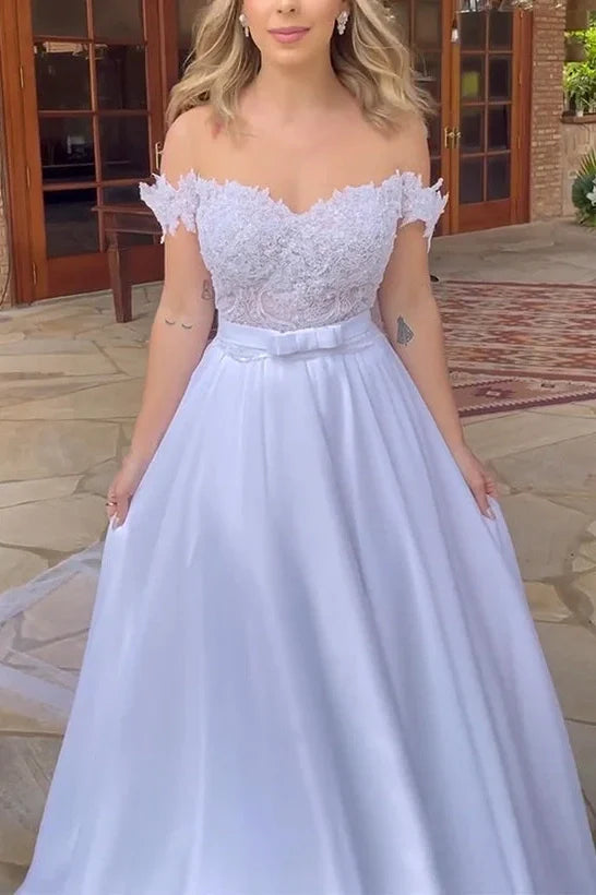 Off-Shoulder Backless A-Line Appliques Wedding Dress