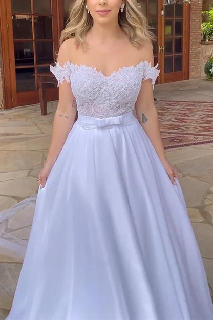 Off-Shoulder Backless A-Line Appliques Wedding Dress
