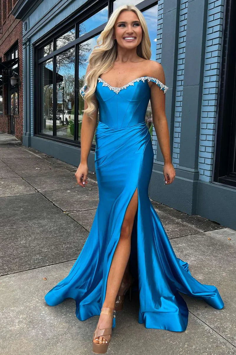 Off-Shoulder Beaded Satin Trumpet With Side Slit Prom Dress
