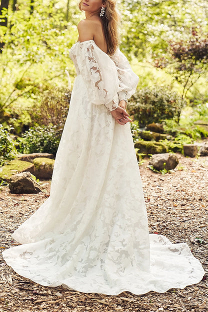 Off-Shoulder Detachable Long Sleeves Lace A-Line Wedding Dress
