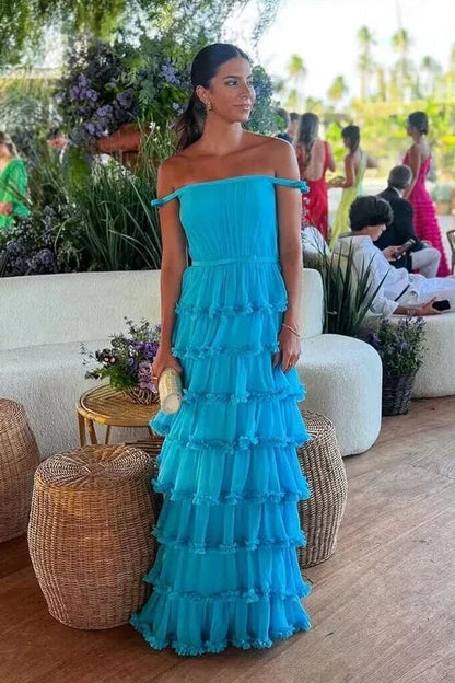 Off-Shoulder Empire A-Line Tiered Party Prom Dress