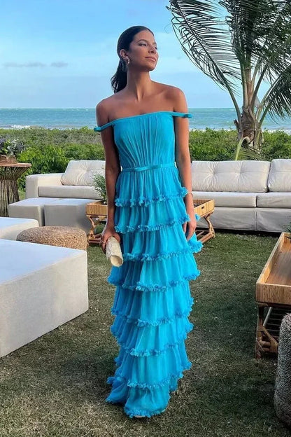 Off-Shoulder Empire A-Line Tiered Party Prom Dress