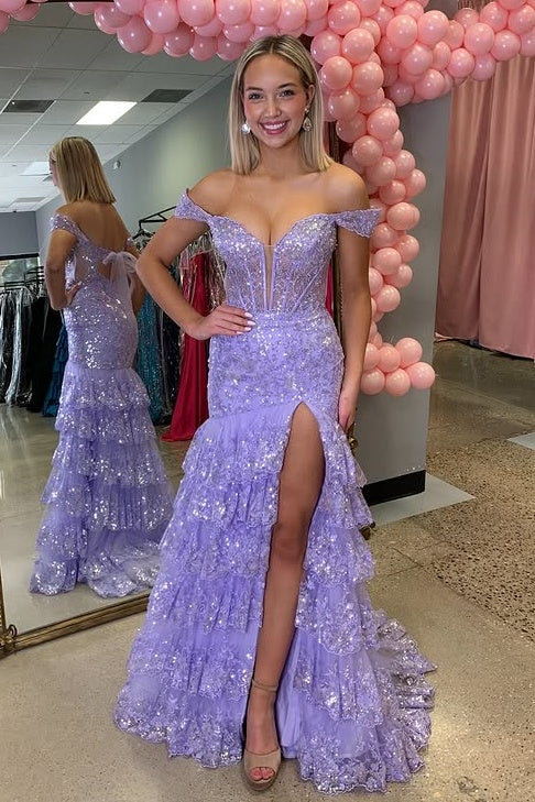 Off-Shoulder Empire Mermaid Lace Tiered Party Prom Dress
