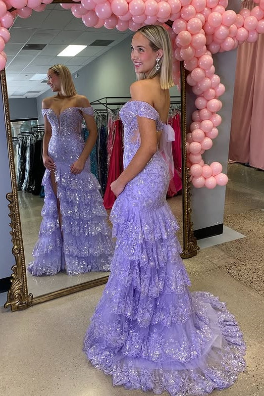 Off-Shoulder Empire Mermaid Lace Tiered Party Prom Dress