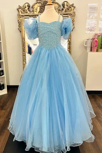 Off-Shoulder Empire Pearls Tulle A-Line Girl Pageant Dress