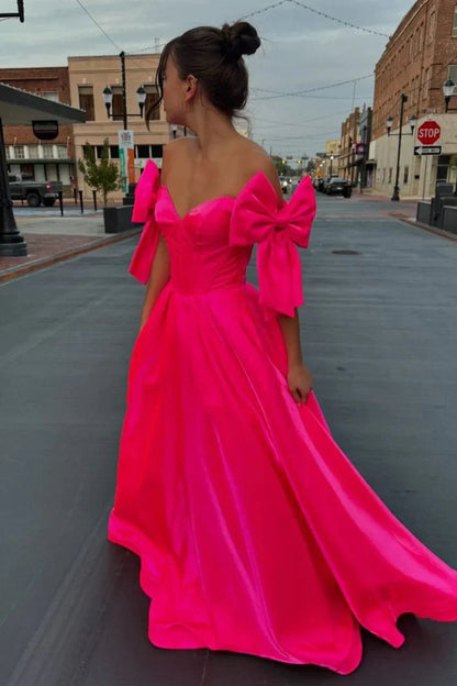 Off-Shoulder Satin A-Line Long Prom Dress With Bows