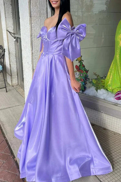 Off-Shoulder Satin A-Line Long Prom Dress With Bows