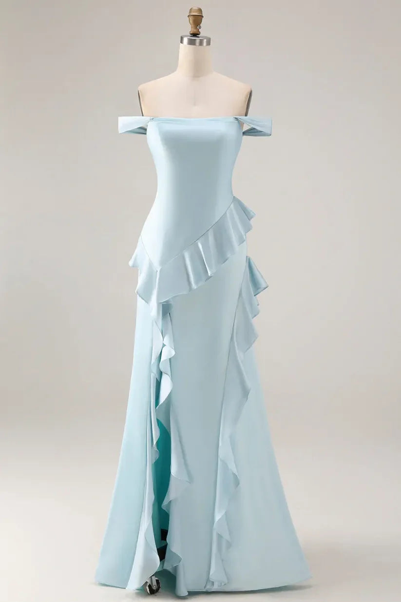 Off-Shoulder Satin Empire Ruffle Party Prom Dress With Slit