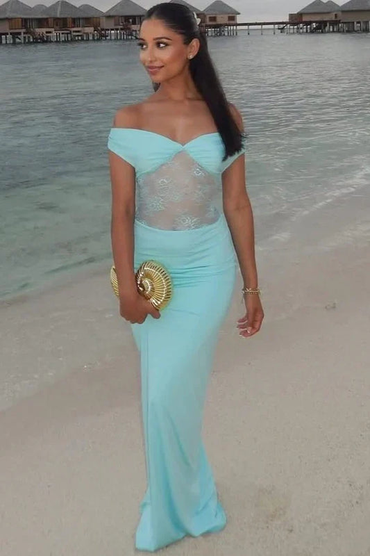 Off-Shoulder Sheer Lace And Satin Fitted Party Prom Dress