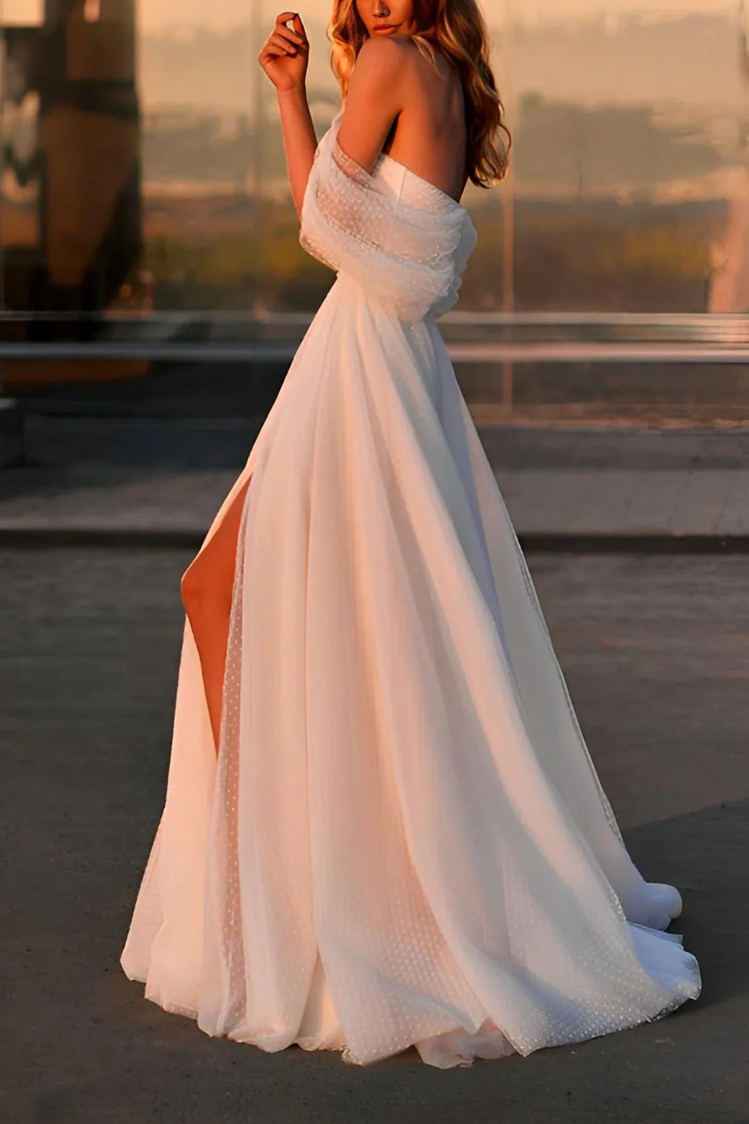 Off-Shoulder Tulle A-Line Beach Wedding Dress With Slit